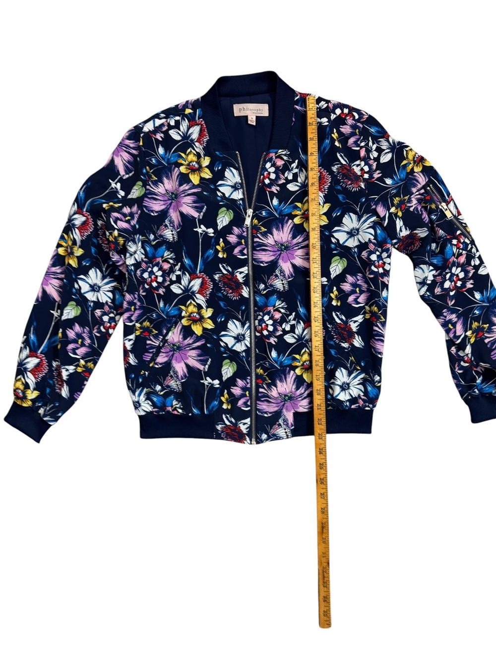 Philosophy Floral Bomber Jacket Size Small Navy Zip Front Lightweight - Picture 4 of 9
